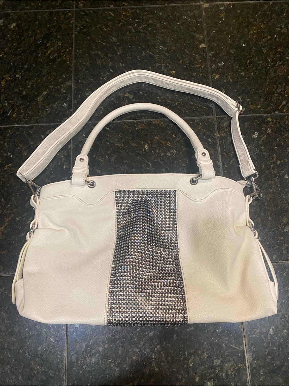 White Women's Satchel with Rhinestone Accent